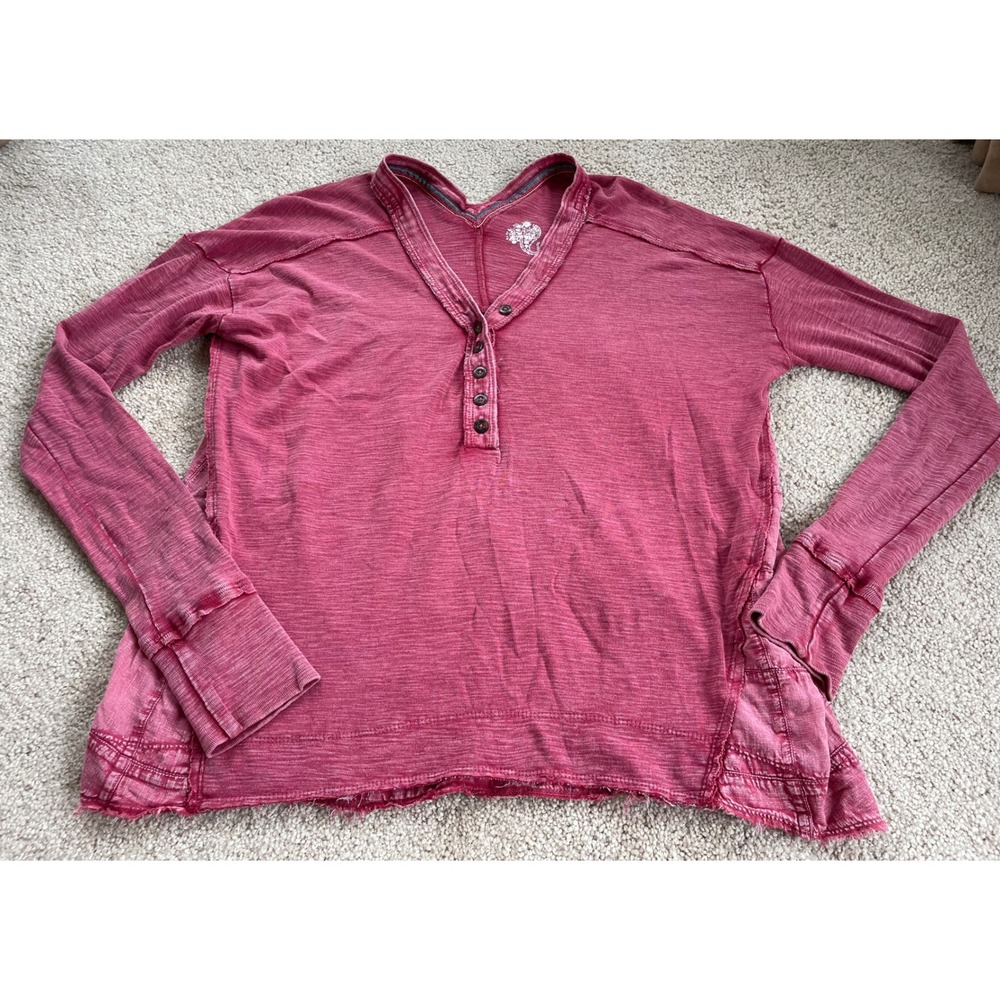 Pilcro Anthropologie Womens XS Red Cotton Slub Henley Long Sleeve Top Raw Hem